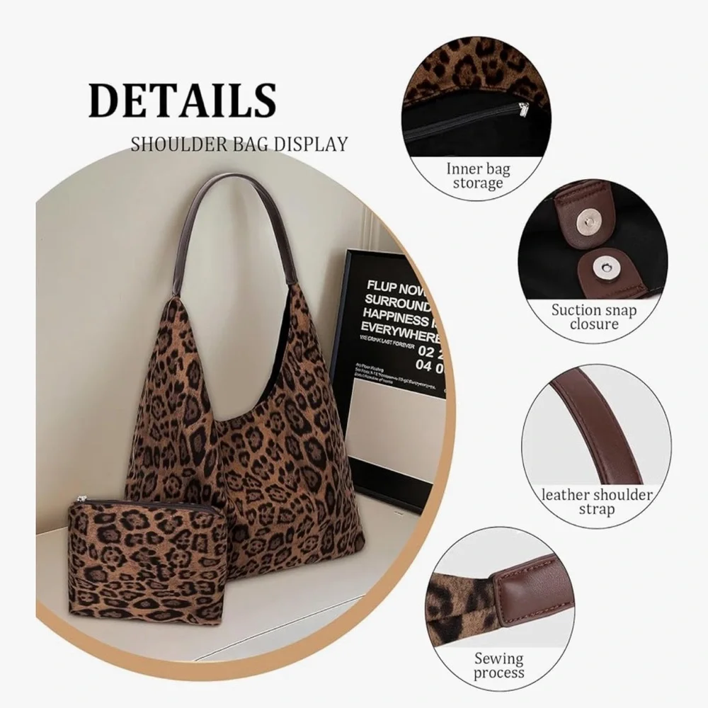 🆕 Leopard Tote Bag for Women Cheetah Shoudle Purse Brown Vintage Hobo Bag - Picture 2 of 7